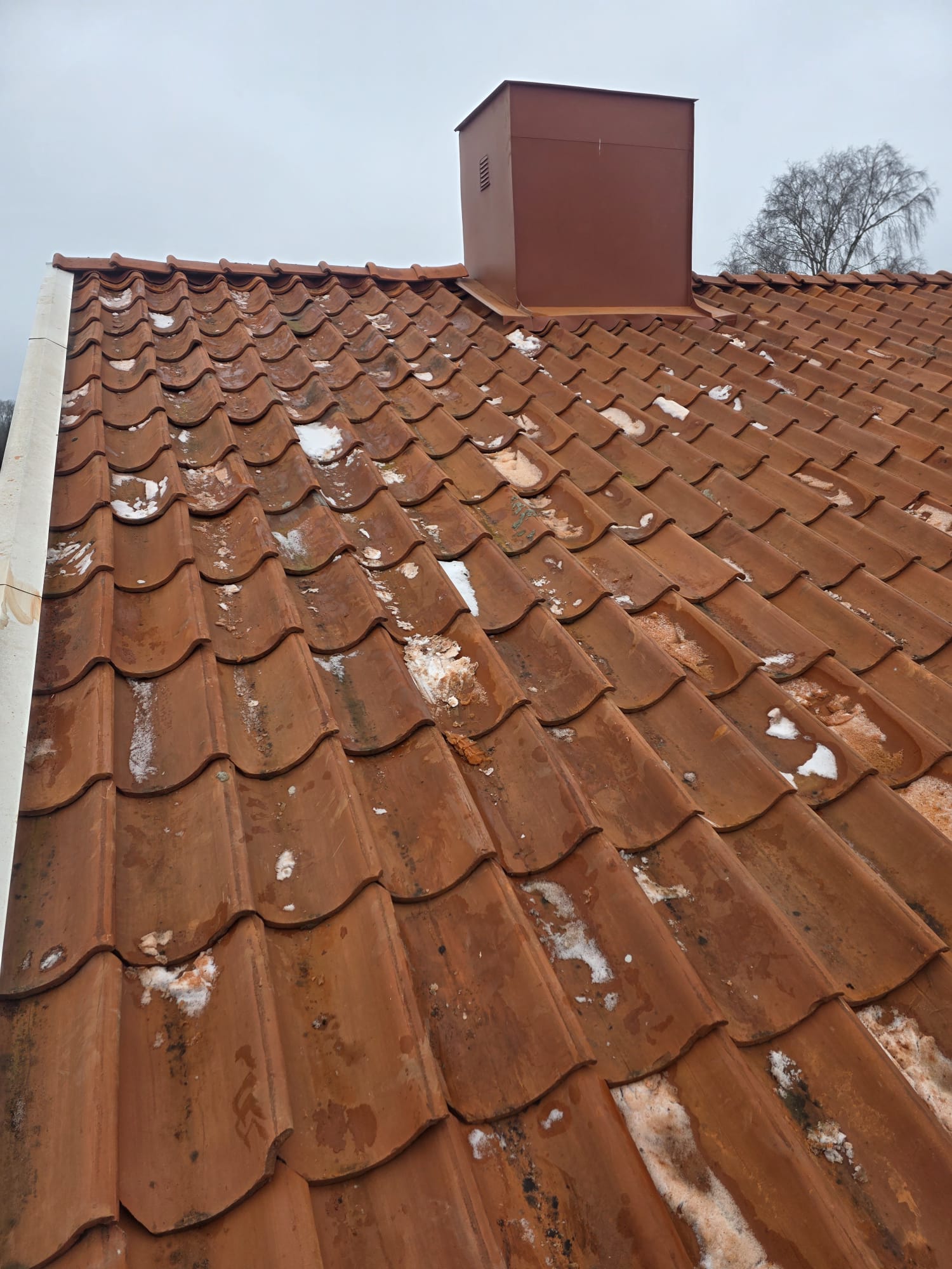 Färdigt tak med skorsten och återbrukade tegelpannor i Visby